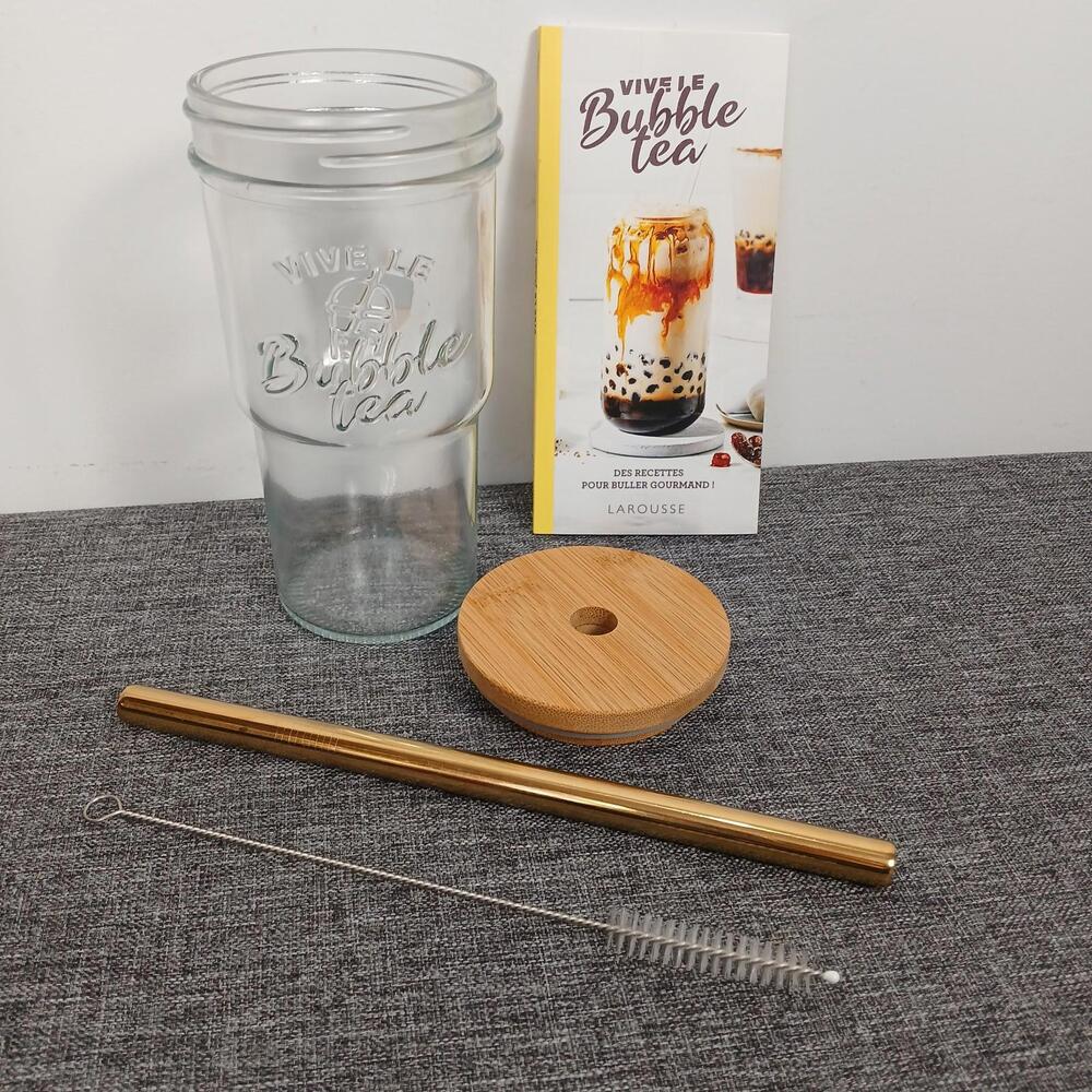 Larousse Vive Le Bubble Tea Kit Glass Cup Metal Straw French Recipe Book Set